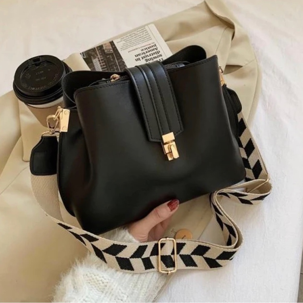 Black Faux Leather Crossbody Bag with Patterned Strap